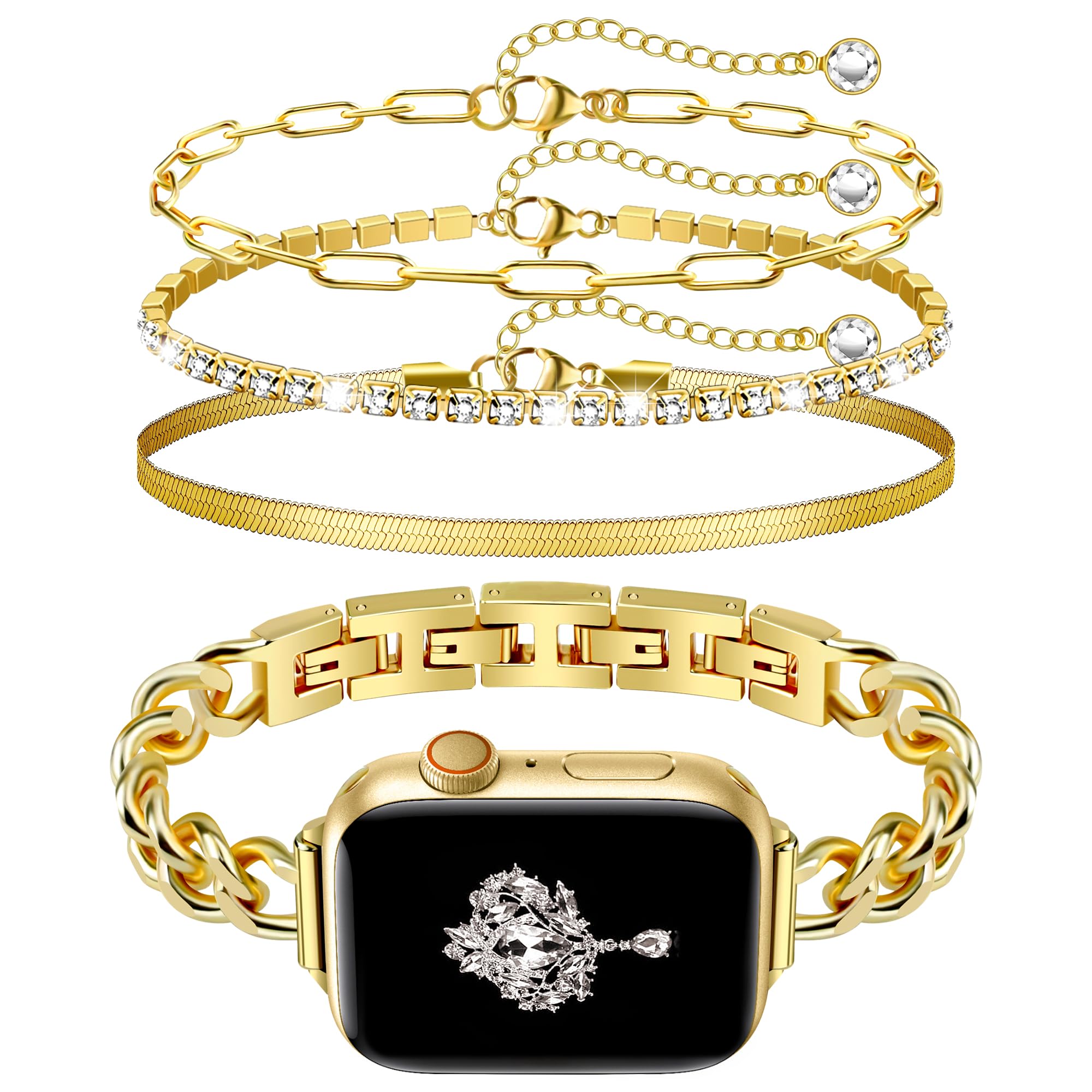 Photo 1 of Slim Golden Band and 3Pcs 14k Golden Bracelet Set Women Feminine Elegant Compatible with Apple Watch 38/40/41/42mm(S10/11) Adjustable Metal Dressy Strap for iWatch Series 11/10/9/8/7/6/5/4/SE/3/2/1