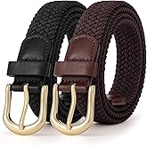 JASGOOD 2 Pack Braided Belts for Women, 1'' Narrow Width Elastic Woven Stretch Fabric Cloth Belts with Gold Buckle