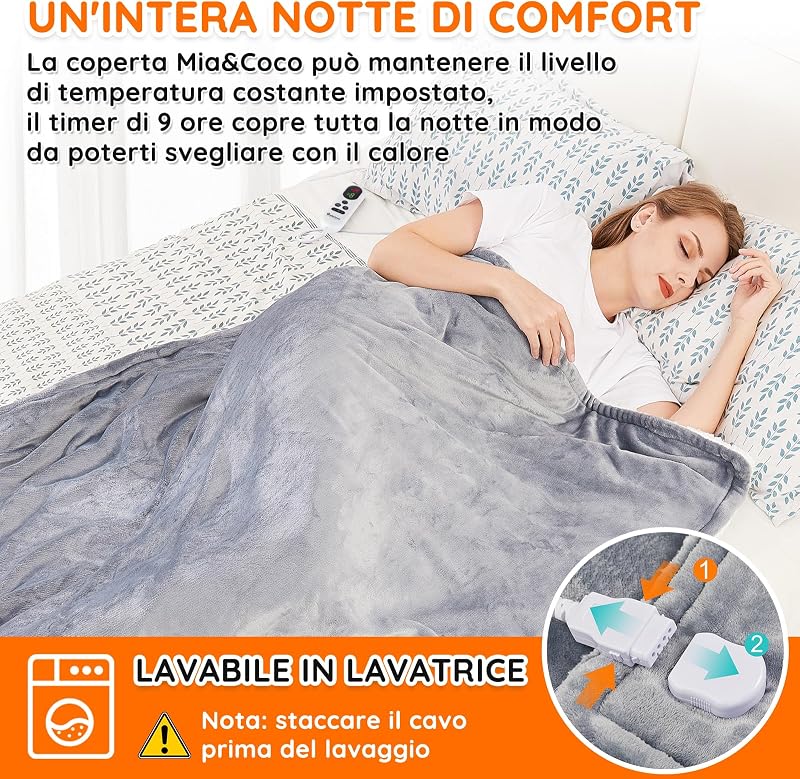Coperta Elettrica Termica Riscaldata, Lavabile in Lavatrice, con Telecomando Digitale, Flanella Sherpa 130x160 cm, 10 livelli e 1~9 ore di spegnimento automatico, lavabile in lavatrice