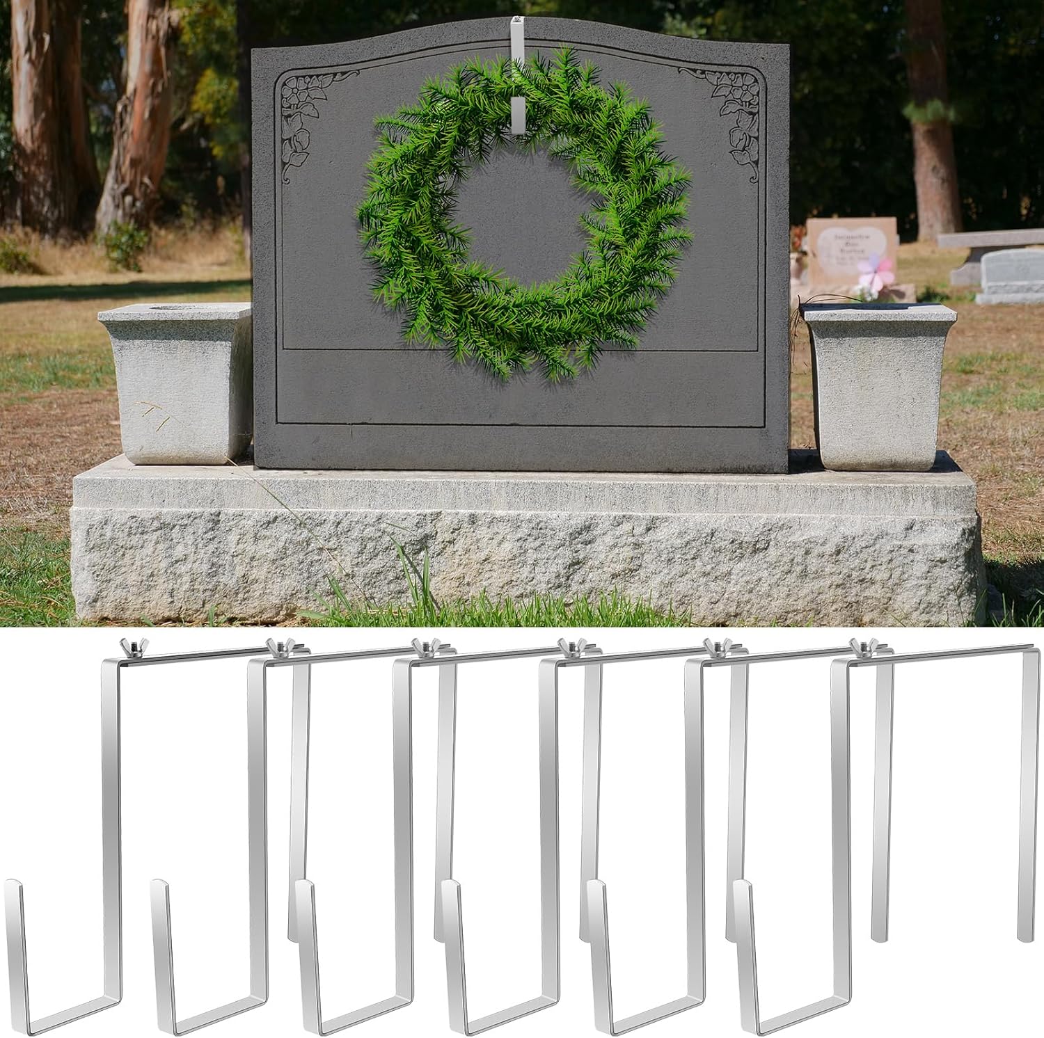 Wreath Hangers - Barydat 6 Pcs Christmas Stretchable Headstone Wreath Hanger Fit 7-11 Inch Headstone Wreath Holder Hanger Adjustable Tombstone Wreath Hook for Cemetery Gravestone Decorations, Stainless Steel