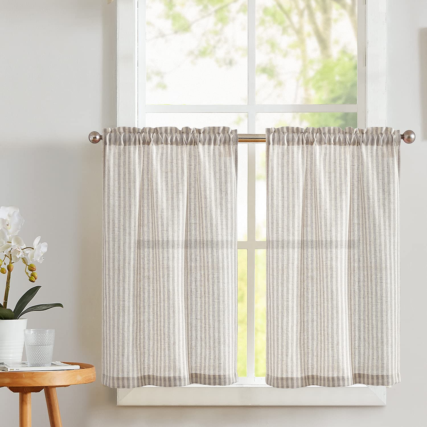 Vangao Stripe Farmhouse Kitchen Curtains 24 Inch Length Linen Cafe Curtains Tickingstripe Tier Drapes Pinstripe Semi-Sheer Small Window Treatments Rod Pocket 2 Panels Taupe Grey on Beige