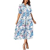 PRETTYGARDEN Summer Dress for Women Short Sleeve Button Up Ruffle A Line Flowy Maxi Dresses (Floral White Blue,Small)