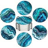 ubcindy Blue Ocean Waves Coasters Set of 6 for Drinks,Round Absorbent Ceramic Stone Coaster with Metal Holder, Coastal Beach Coasters with Cork Base for Coffee Table Living Room Home Decor Gifts