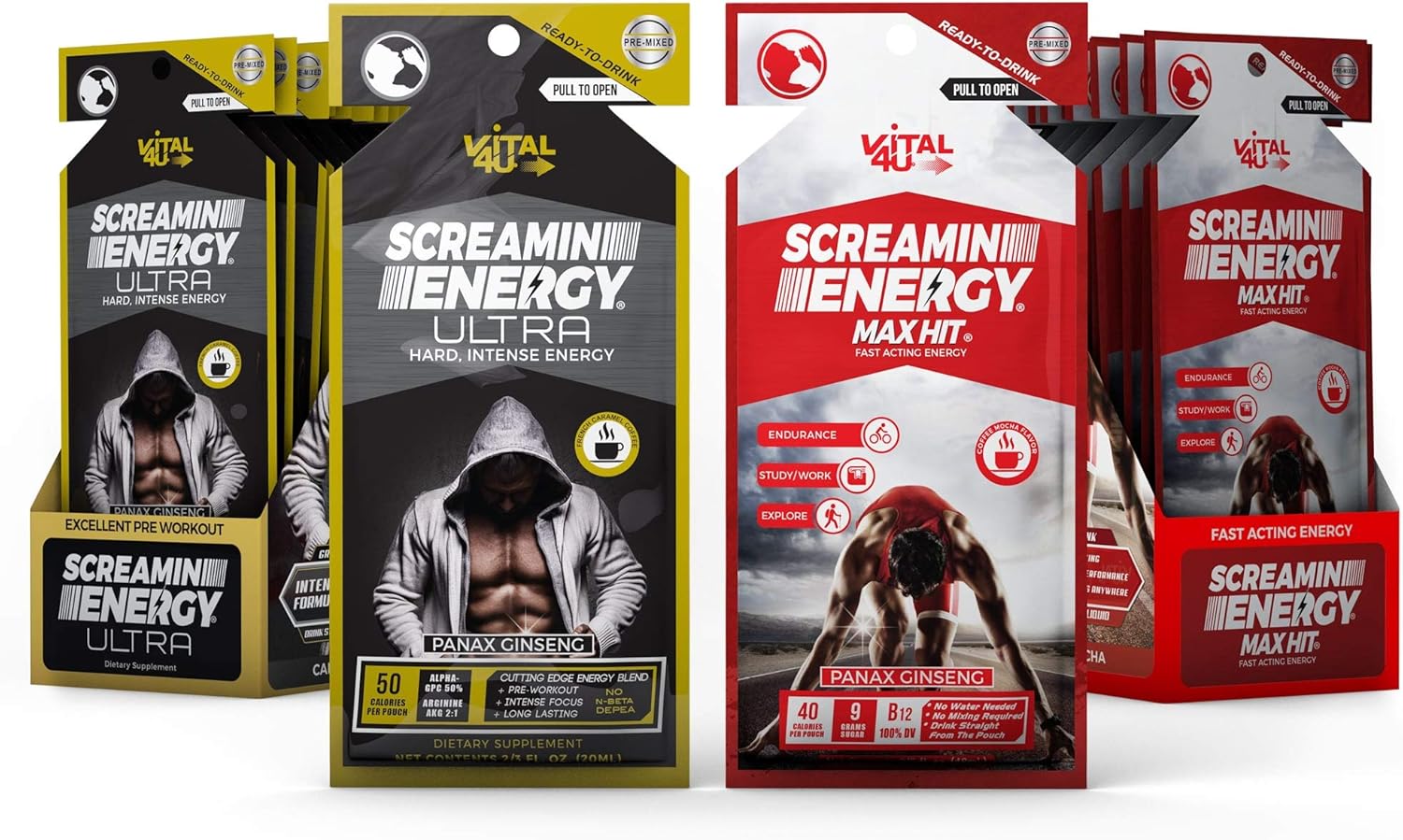 Screamin Energy Max Hit/Ultra Combo Pack - Energy Shots for Endurance and Performance with Caffeine, Panax Ginseng Extract, and Vitamins - 24 Count: Health & Personal Care