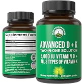 Peak Performance Advanced Vitamin D 5000 IU with All 3 Types of Vitamin K | Vitamin D3 and Vitamin K2, K1, MK-7 (MK7), MK4 Supplement. 60 Small and Easy to Swallow Vegetable Capsules.