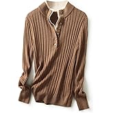 Ciovkis Women's Merino Wool Blend Sweater 2025 Fall Winter Fake Two Piece Color Block Stand Collar Long Sleeve Knit Pullover