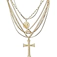 ACC PLANET Gold Layered Necklace for Women, 14K Gold Plated Coin Cross Pendant Necklace Chunky Chain Choker Gold Layering Necklaces for Women