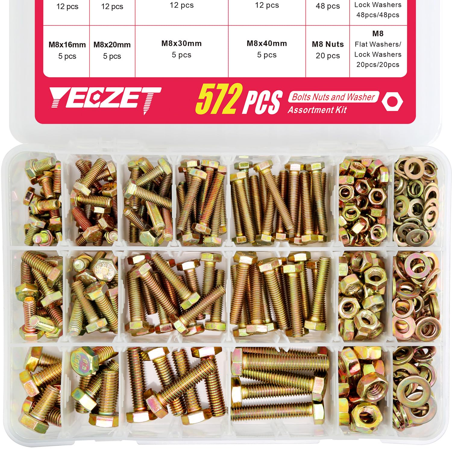 YEEZET 572pcs Grade 8.8 Bolts and Nuts Kit,M5 M6 M8 Metric Heavy Duty Bolt Assortment Set,13 Sizes, Yellow Zinc Plating