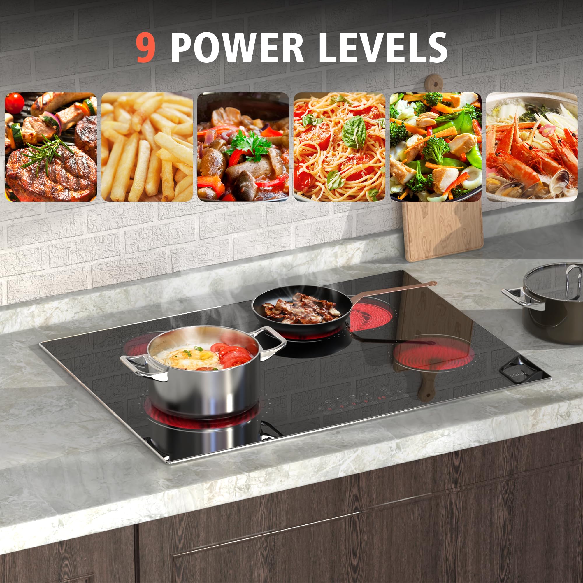 Hobsir 30 Inch Electric Cooktop, 4 Burners Cooktop, Electric Stove Top Burner, 6800W Drop-in Ceramic Stove Top with Glass Metal Frame, Timer, Safety Lock, 220-240V, Hard Wired (No Plug) Cooktops