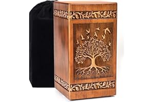 AIOGUISN Wooden Cremation Urn for Human Ashes Adult Male Female 250 lbs, Engraved Tree of Life Decorative Funeral Urns Box and Casket for Ashes Men Women with Satin Bag Burial or Memorial(Tree of Life)