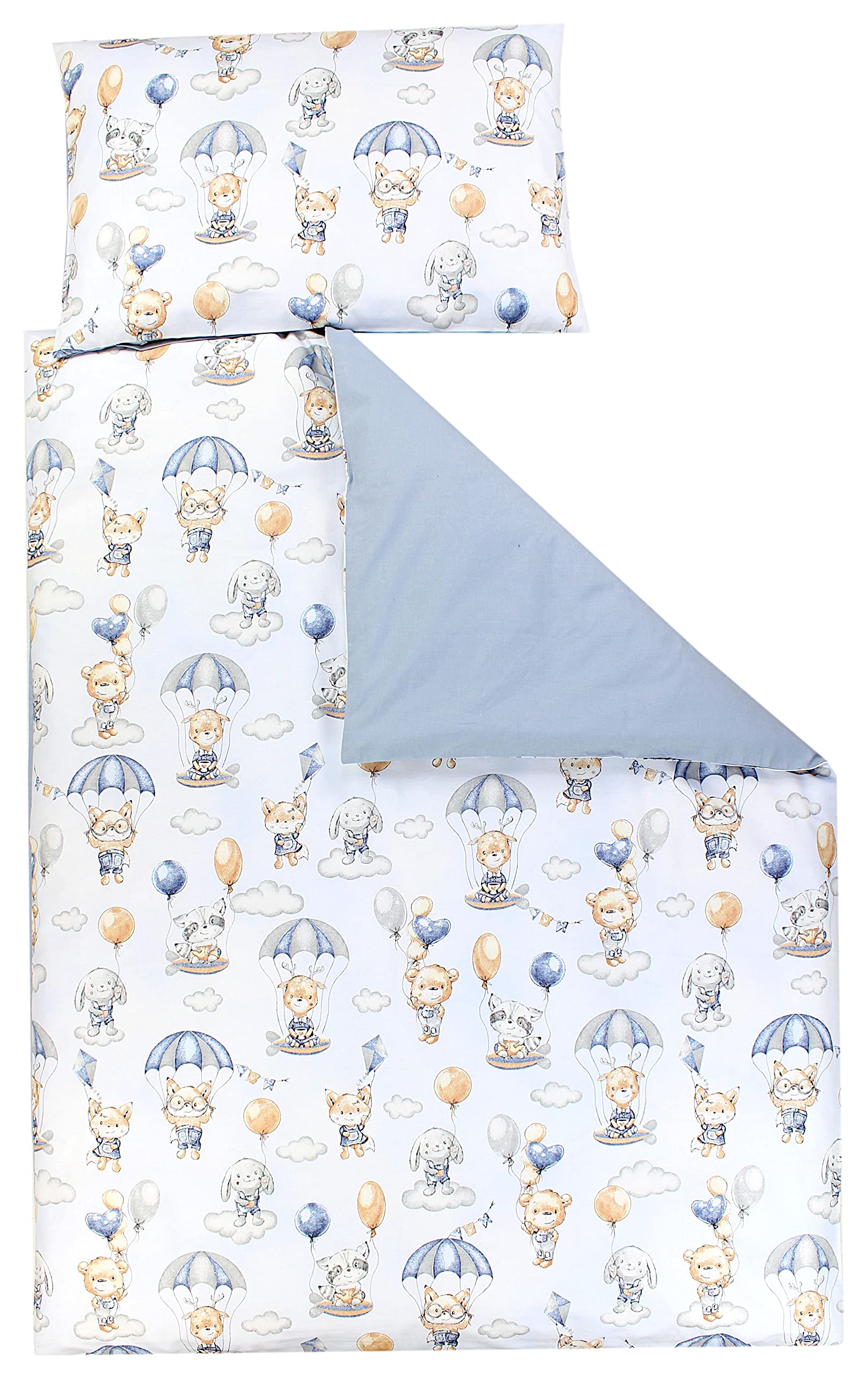TupTam Children Bedding Set Duvet Cover Pillowcase Two-Sided, Animals with Parachutes/Blue, 135x100 cm