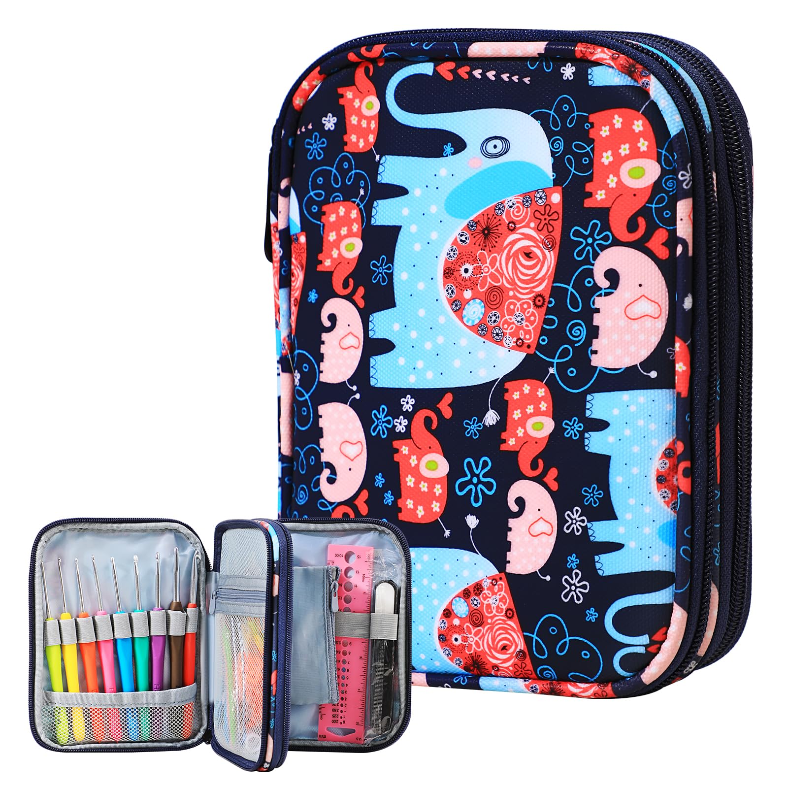 KOKNIT Crochet Hook Case, Zipper Storage Organizer Bag with Web Pockets for Knitting Accessories/Crochet Hook Kit Tools, Lightweight, Easy to Hold