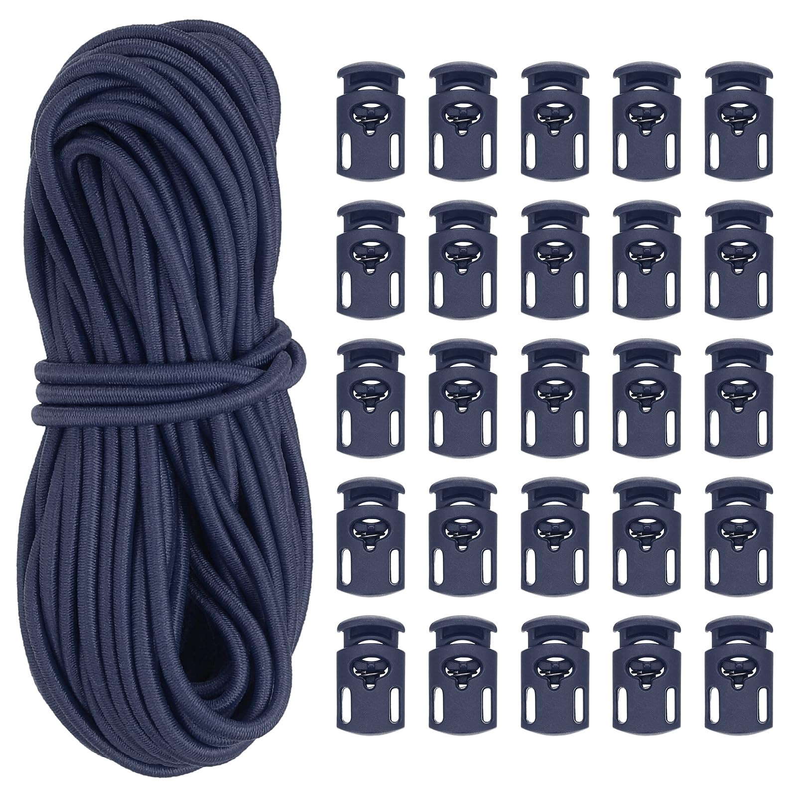 PATIKIL 10 Yard Elastic Bungee Cord & Single Hole Cord Lock, 25 Pack Plastic Oval Spring Toggle Stopper for Paracord Drawstring Shoelace Clothing Backpack Bags, Dark Blue