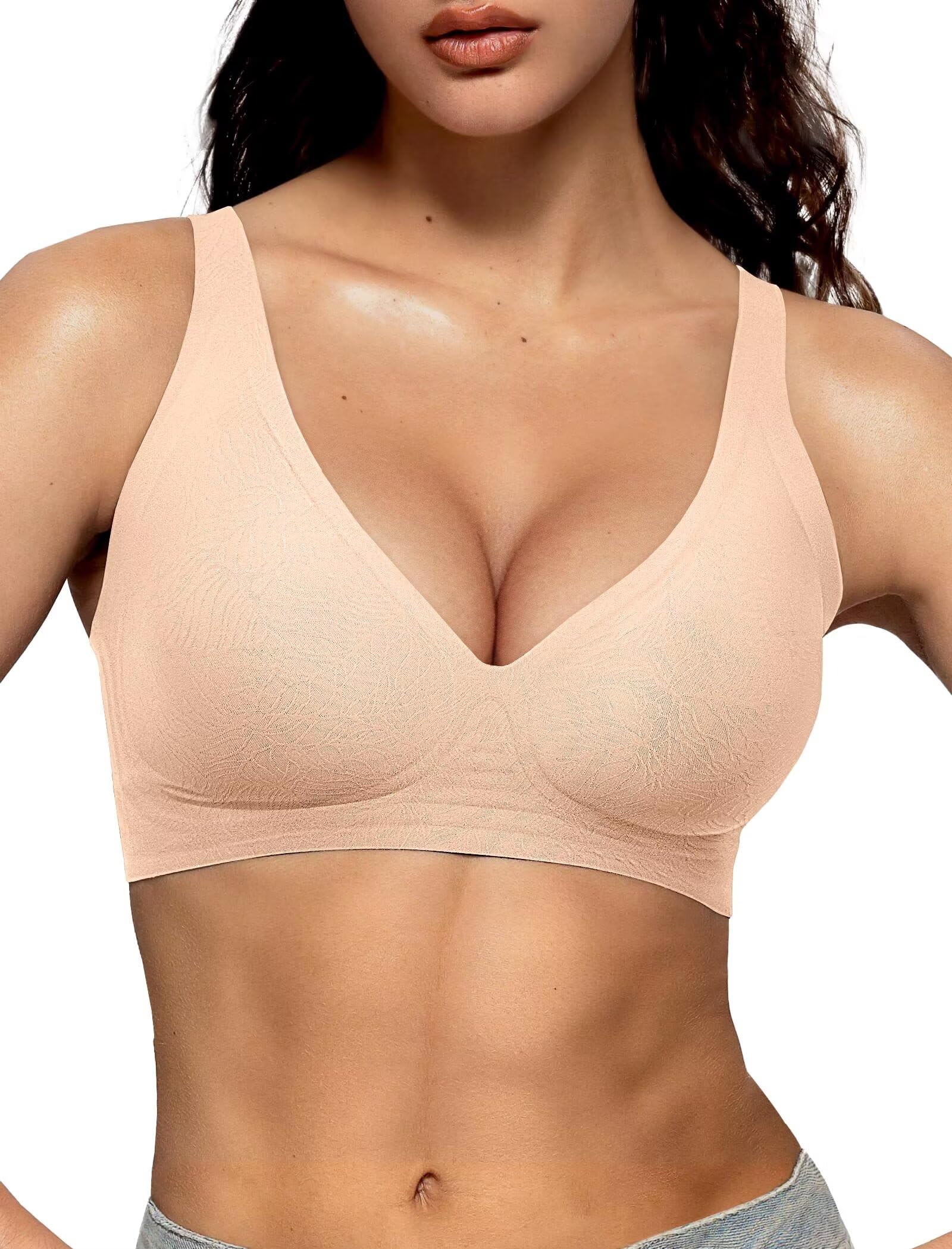 Photo 1 of Vertvie Jelly Wireless Bras for Women Push Up Plunge Seamless T-Shirt Bras No Underwire Supportive Full Coverage Bralettes(Jacquard Nude,Medium)