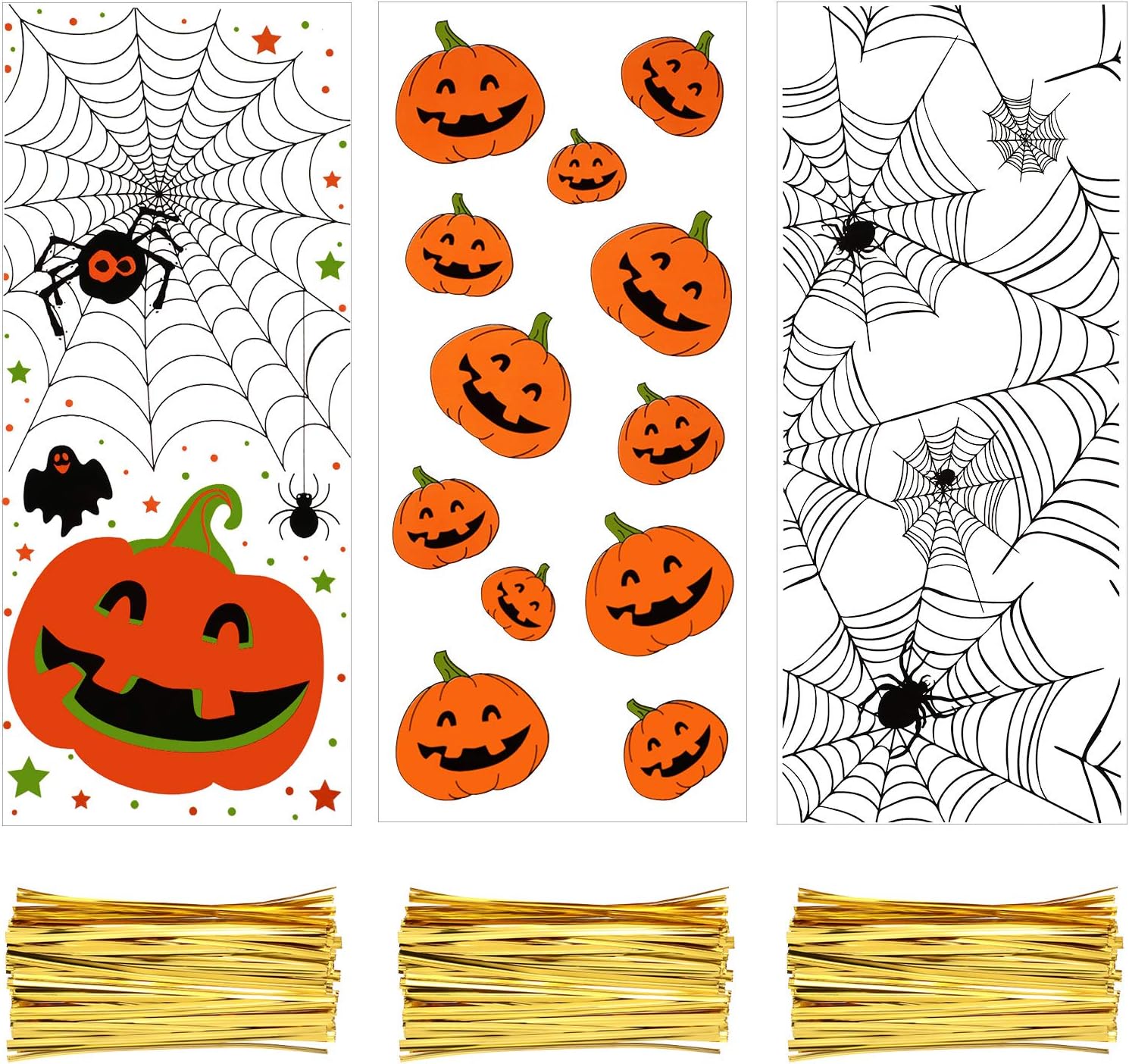 150 Pieces Clear Treat Bags Pumpkin Print Cellophane Bags Bags with 150 Pieces Twist Ties for Party Supplies