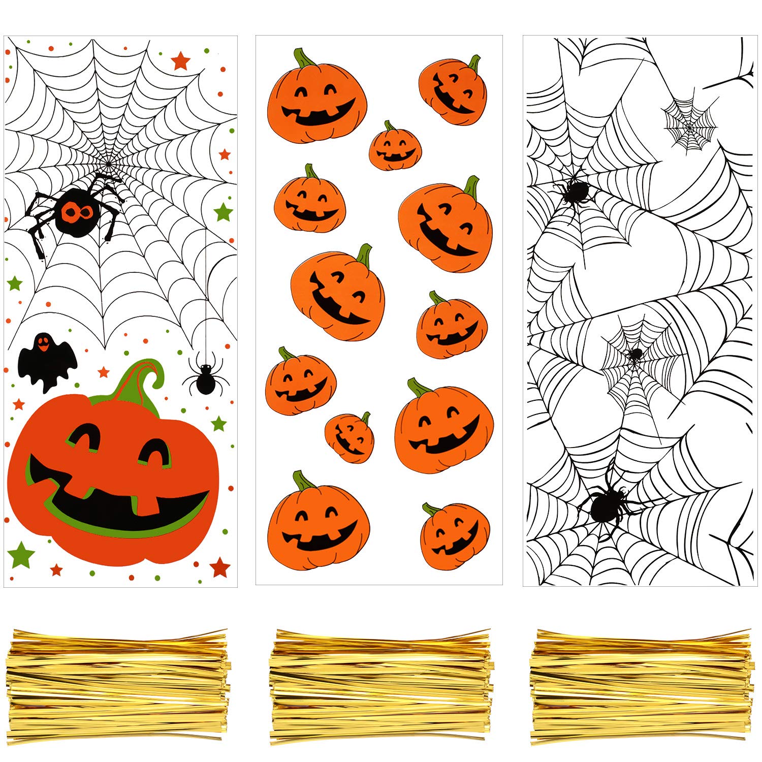 150 Pieces Clear Treat Bags Pumpkin Print Cellophane Bags Bags with 150 Pieces Twist Ties for Party Supplies
