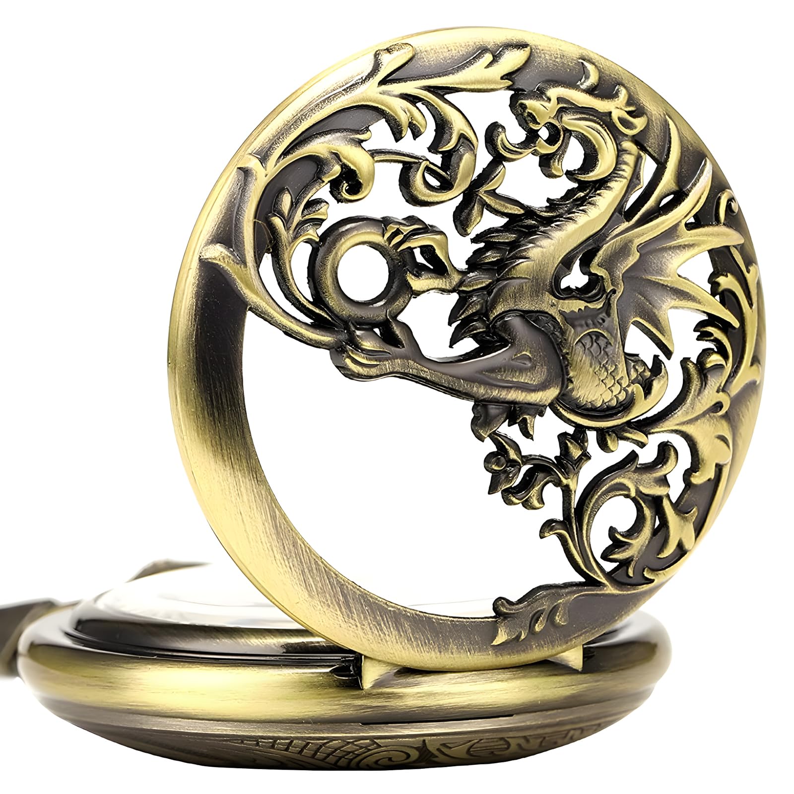 Carrie Hughes Mens Mechanical Pocket Watch with Chain Lucky Dragon Steampunk Skeleton Hunter Double Open in Box CHPW10A