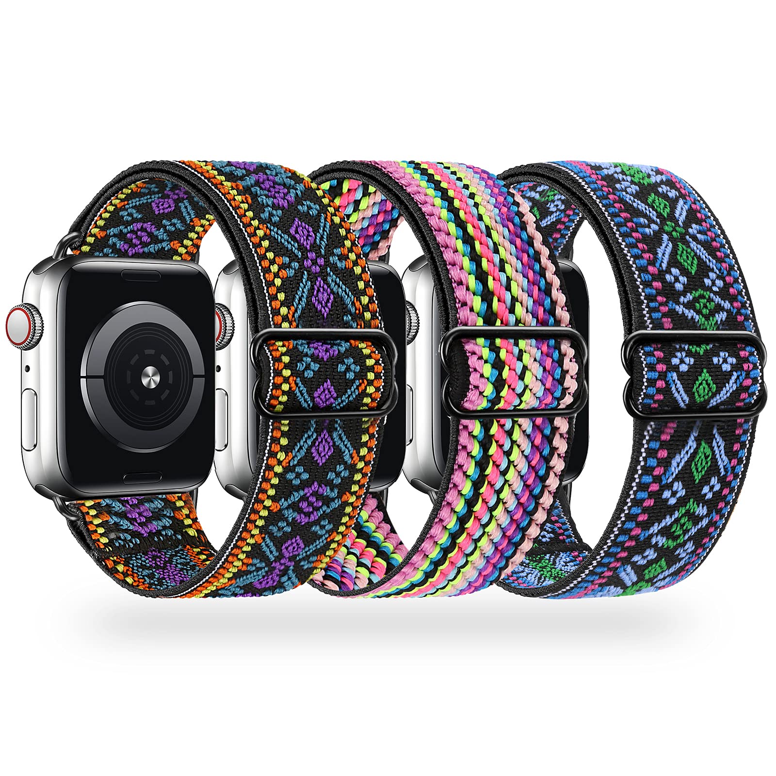 Stretchy Nylon Straps Compatible with Apple Watch Strap 38mm 40mm 41mm 42mm 44mm 45mm 46mm 49mm, Braided Sport Solo Loop Replacement Band for iWatch Series Ultra 10 9 8 7 6 SE 5 4 3 2 1, 3 Packs