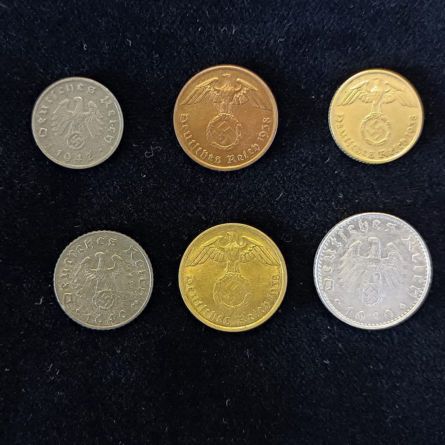 WW2 World Currency - 6 Nazi Coins Issued from 1936/45 - Third Reich WW2 Memorabilia - Axis Velvet Bag Collection