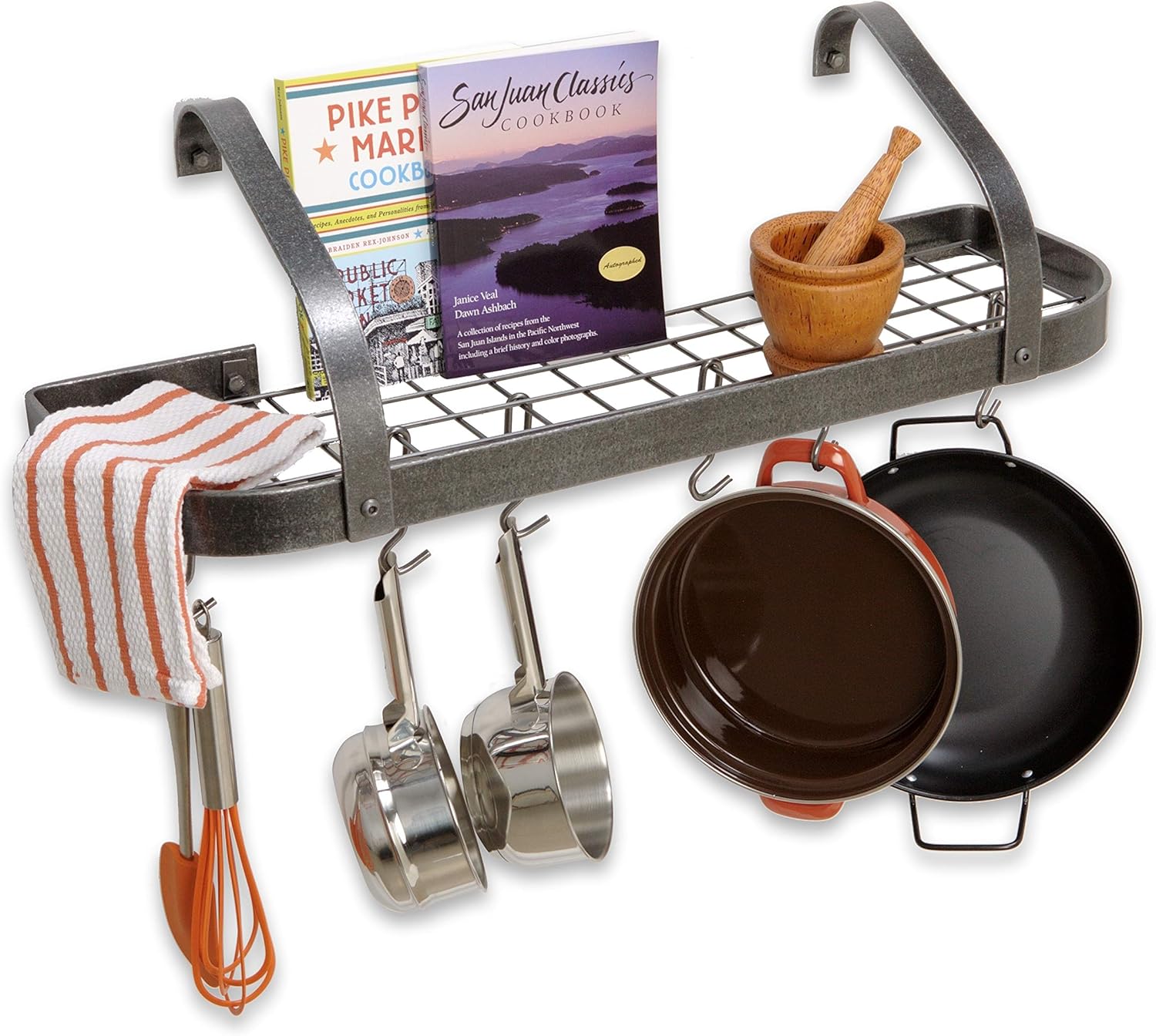 Enclume Premier Elite Bookshelf Wall Pot Rack, Hammered Steel: Kitchen Pot Racks: Kitchen & Dining