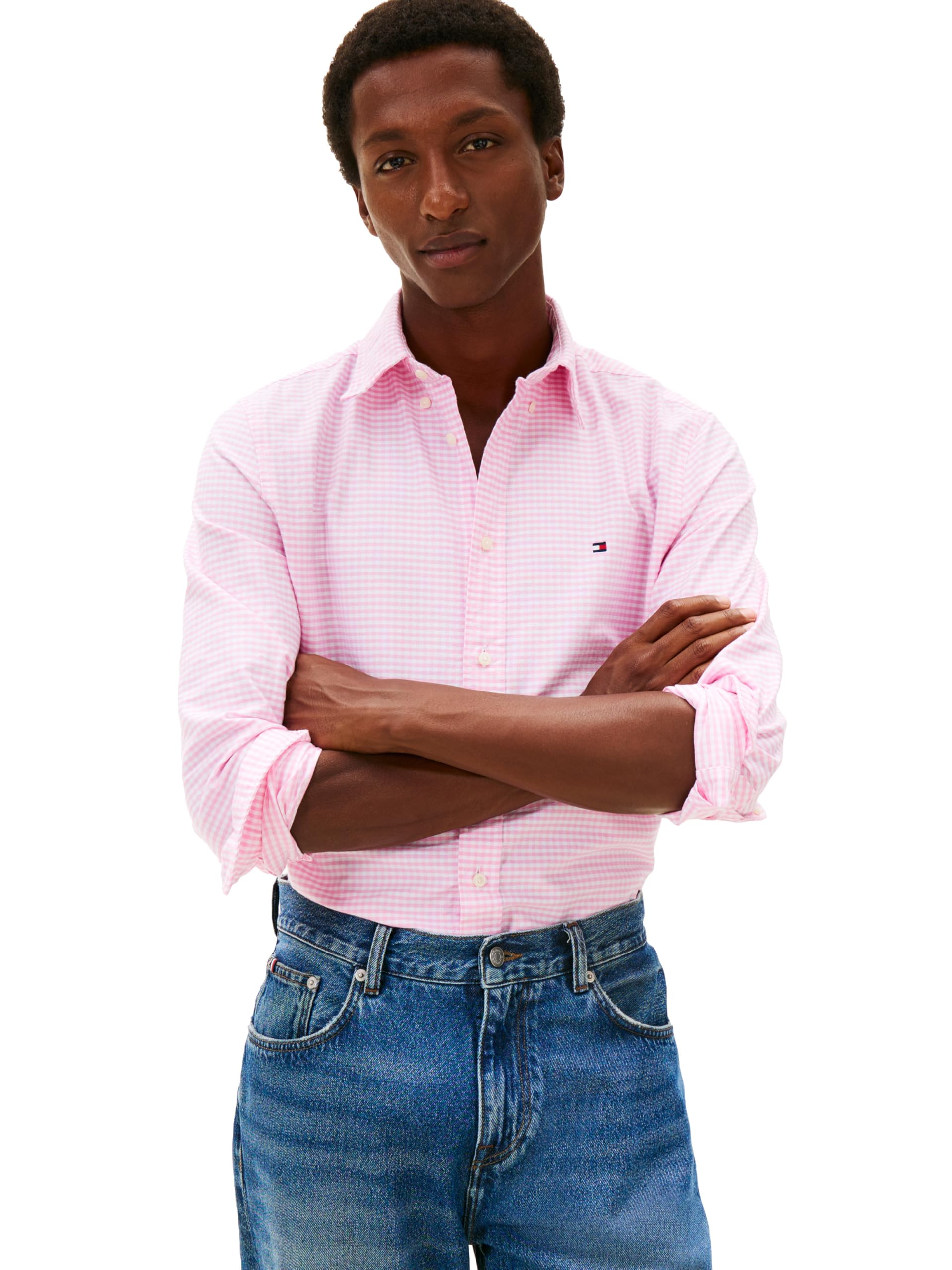 Tommy Hilfiger Men's Heritage Oxford Gingham Regular Long Sleeve Shirts, Rose Petal/Check X-Small Image