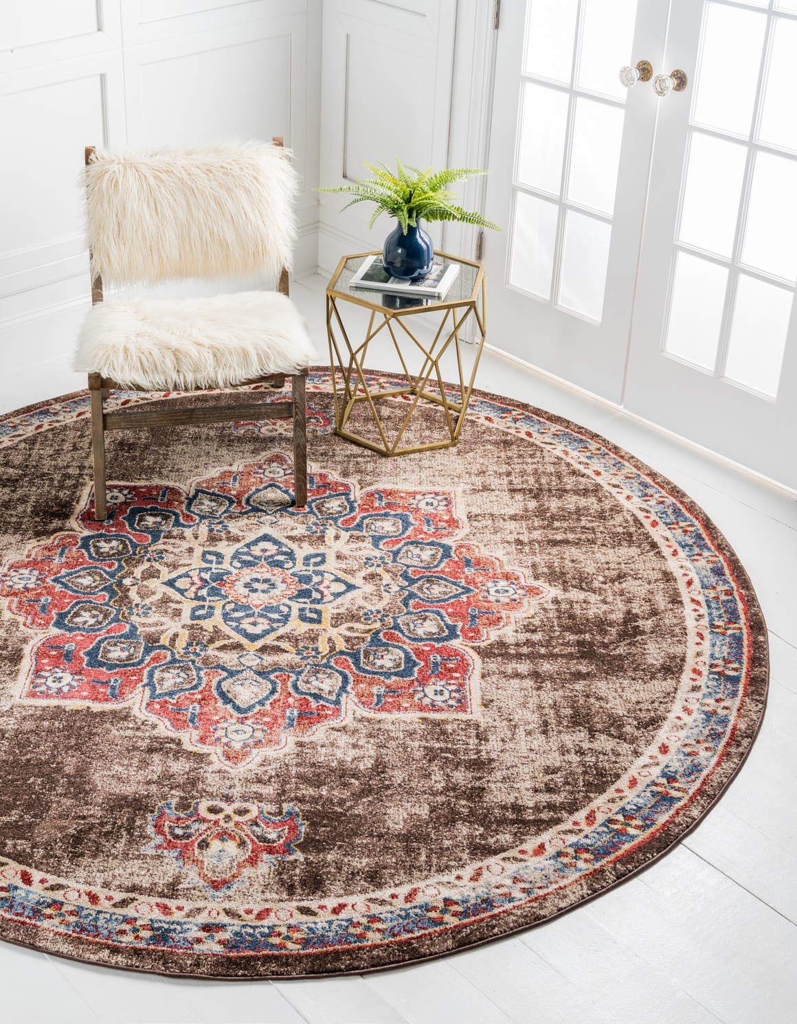 Unique Loom Utopia Collection Traditional Classic Vintage Inspired Area Rug with Warm Hues (8' 0 x 8' 0 Round, Chocolate Brown/Beige) Image