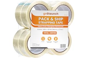 goStaunch Strapping Tape (1.88" x 30 yds, Pack of 8) Filament Tape Rolls - 5.5mil Fiberglass Tape - Reinforced Packing Tape - Synthetic PET Adhesive Heavy Duty Packing Tape