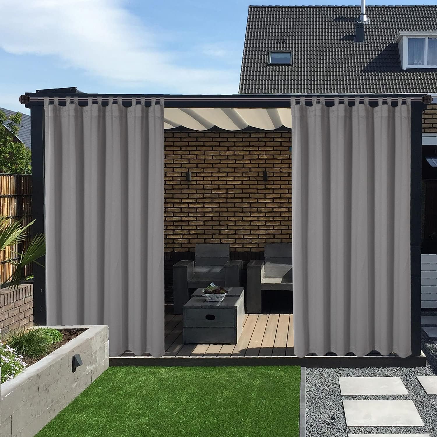 Outdoor Curtains - LORDTEX Waterproof Indoor/Outdoor Curtains for Patio - Thermal Insulated, Sun Blocking Detachable Sticky Tab Top Blackout Curtains for Bedroom, Porch, Pergola, 100 x 108 inch, 2 Panels, Veridian Grey