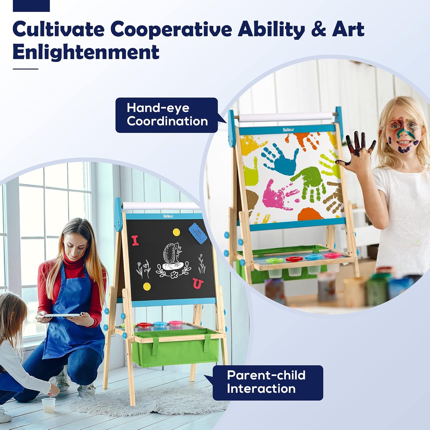 Belleur All-in-one Kid Easel Including 2 Paper Rolls, Magnetic Letters, 6 Finger Paints, 8 Colors Markers, Deluxe Standing Art Easel with Magnetic Chalkboard & Whiteboard, Easy to Adjust Height - Blue: Home & Kitchen
