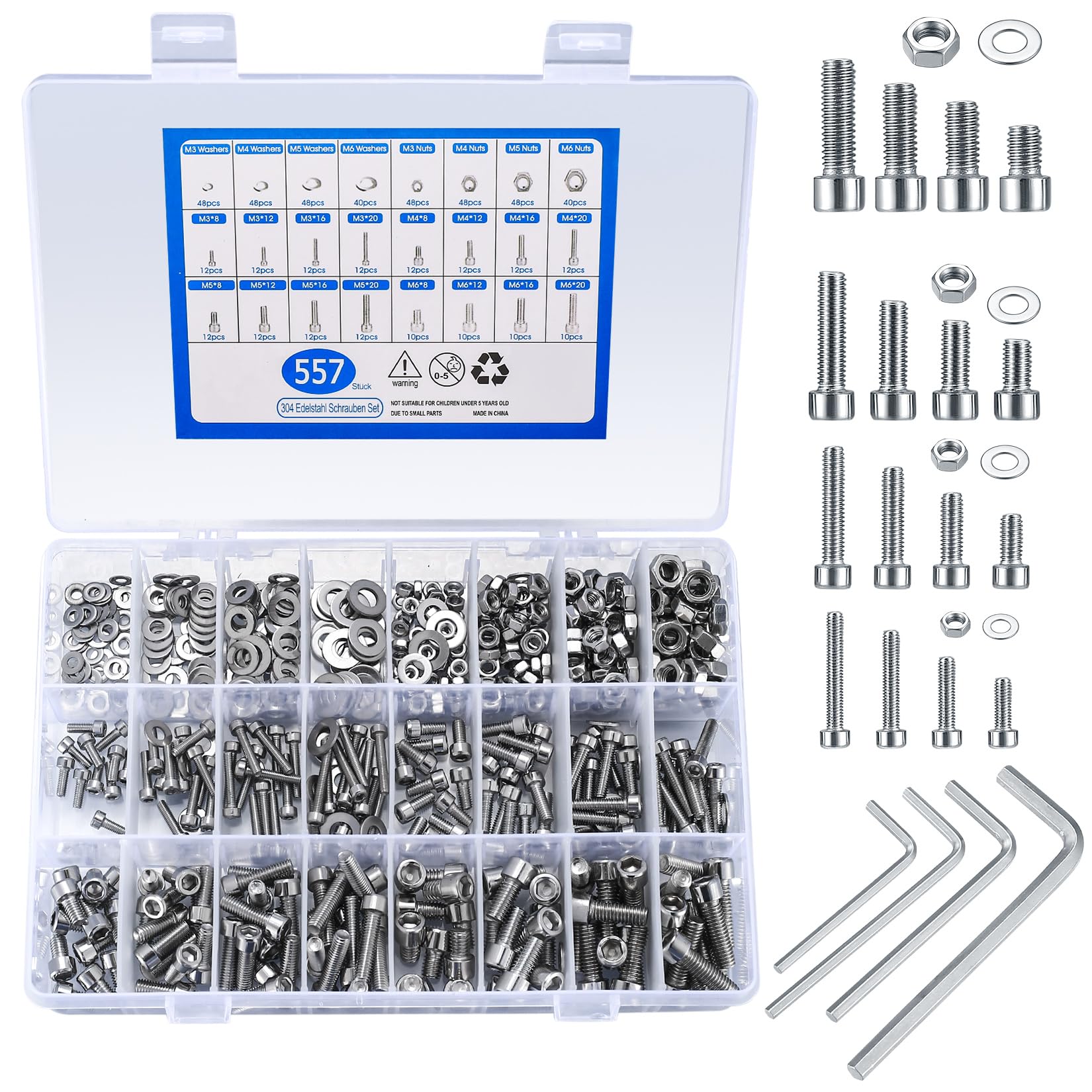 557 Pcs M3/M4/M5/M6 Hexagon Socket Head Cap Screws Bolts and Nuts and Washers, Stainless Steel Hex Head Button Mechanical Screws Bolts and Nuts and Washers Kit for DIY Bicycle Motorcycle Repair