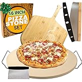 Large Pizza Stone for Oven 16 inch - Round Pizza Stone for Grill with Handles, Wood Pizza Peel and Cutter Set - Baking Stone