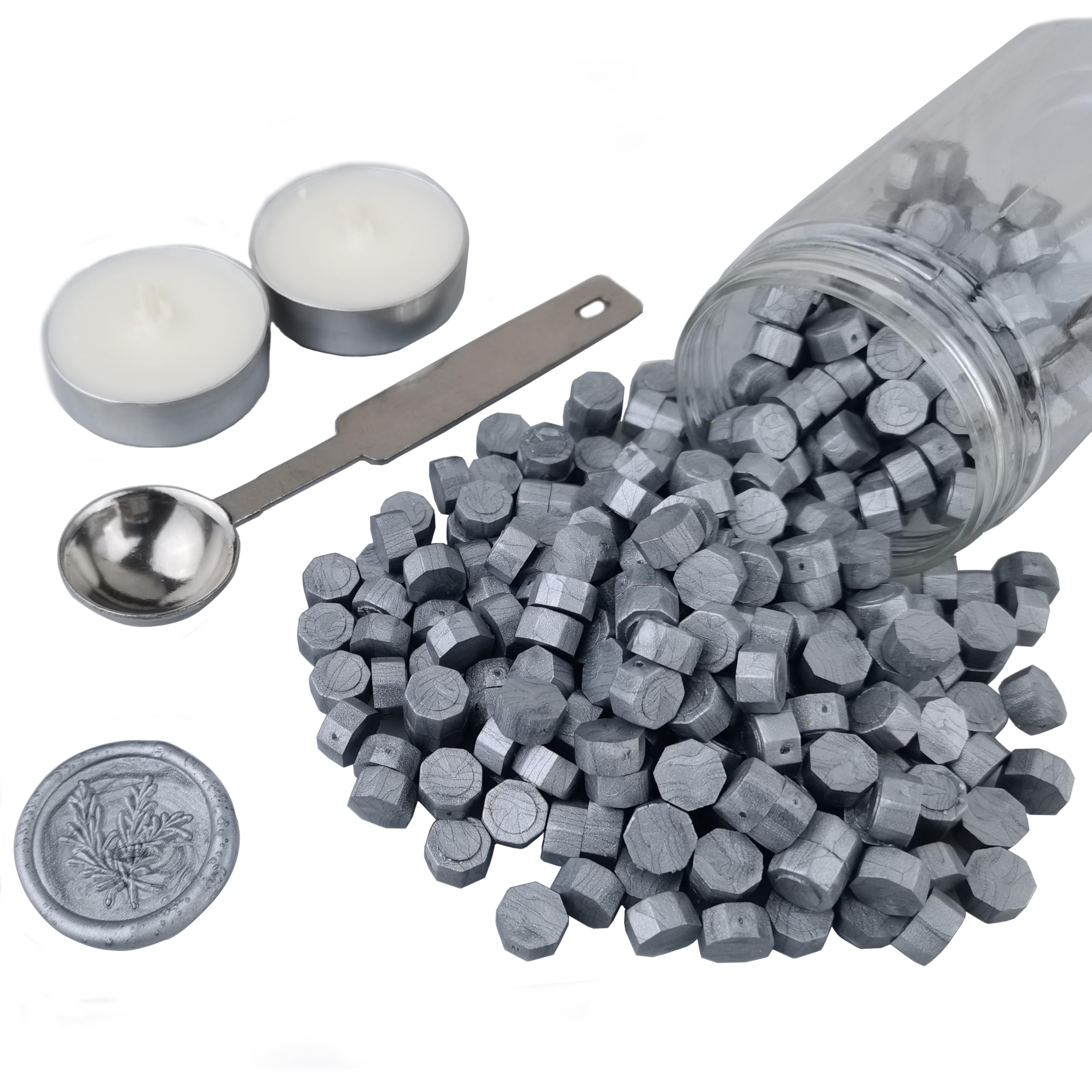 Sealing Wax Beads, AMTOL 300 Pcs Wax Sealing Beads with 2 Pcs White Candles and 1 Pcs Wax Melting Spoon, Great for Wedding Invitations,Cards Envelopes, Gift Wrapping (Silver)