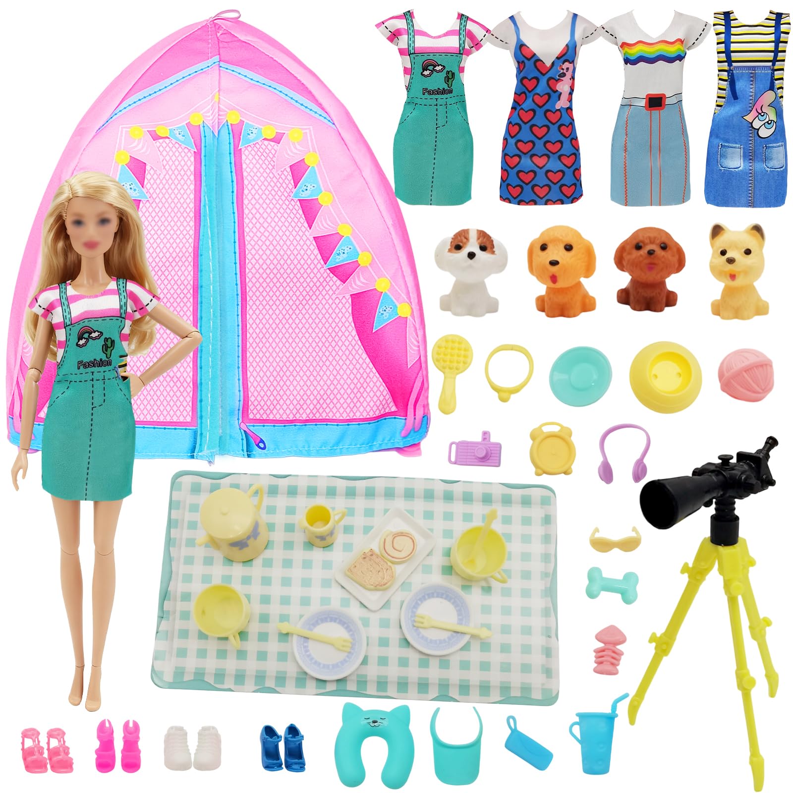 43 Pcs Doll Clothes Travel Camping Accessories Compatible with Barbie, Camping Fashion Playset 1 Tent 1 Telescope 4 Dresses 4 Shoes 4 Pets 29 Accessories Set for 11.5 Inch Doll Girls Gift