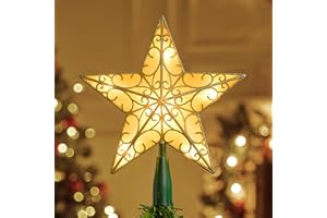 JOIEDOMI 9 inch Lighted PVC Star Christmas Tree Topper, Golden Glitter Swirl Treetop Decorations with 10 Warm White LED, Battery Powered for Home Holiday Xmas Party Indoor Decor