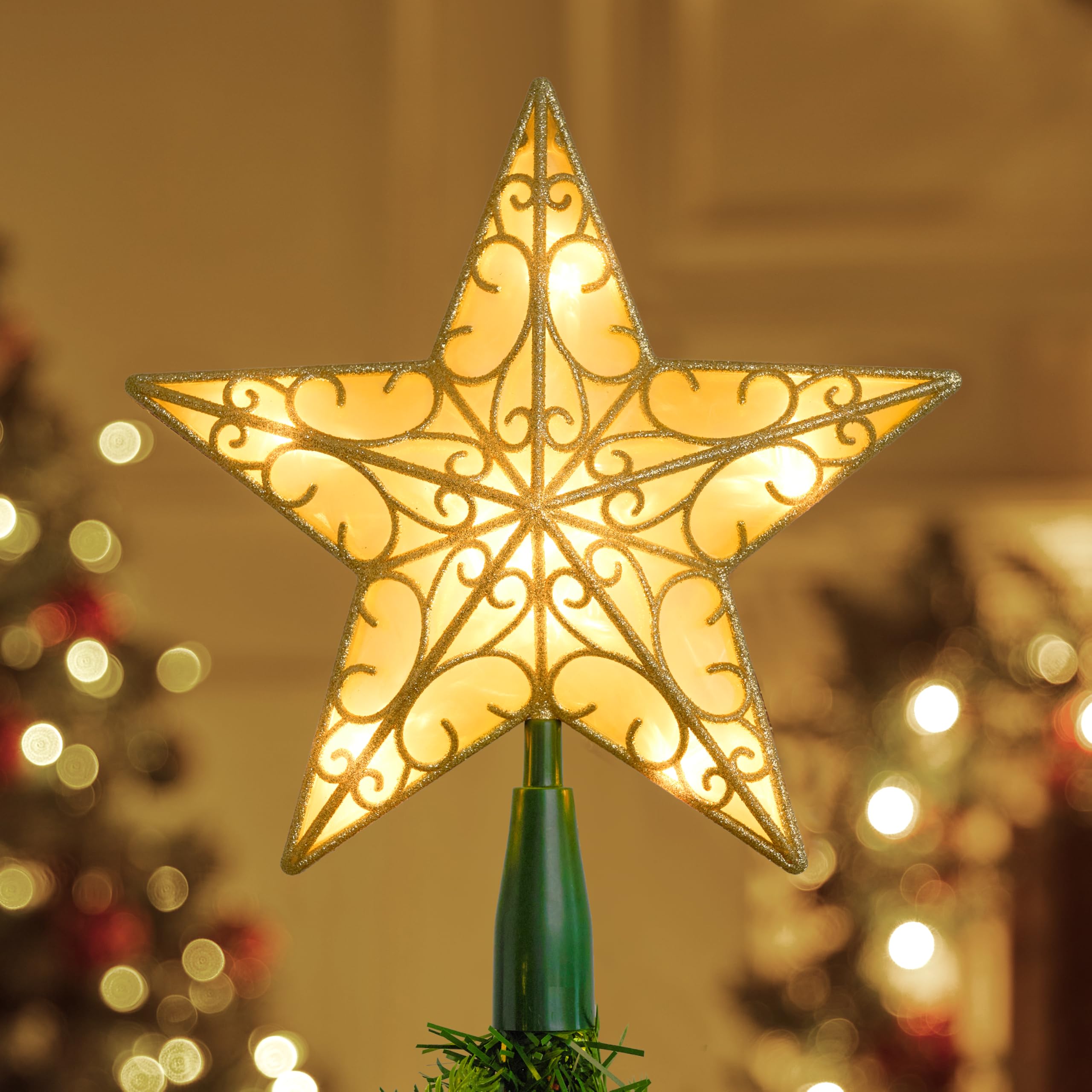Photo 1 of JOIEDOMI 9 inch Lighted PVC Star Christmas Tree Topper, Golden Glitter Swirl Treetop Decorations with 10 Warm White LED, Battery Powered for Home Holiday Xmas Party Indoor Decor