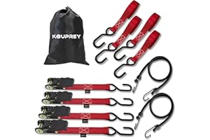 KOUPREY Ratchet Straps,Tie Down Straps,Ratchet Strap Heavy Duty,Ratchet Straps 1 inch Set of 4,Boat Tie Down Straps to Trailer Motorcycle Straps,Safety S Hook Rubber Coated Handle 2 Bungee Cords
