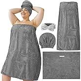 Tigeen Plus Size Towel Wrap for Women Spa Robe Set with Shower Hair Drying Turban Cap Towel Headband Adjustable Bathrobe