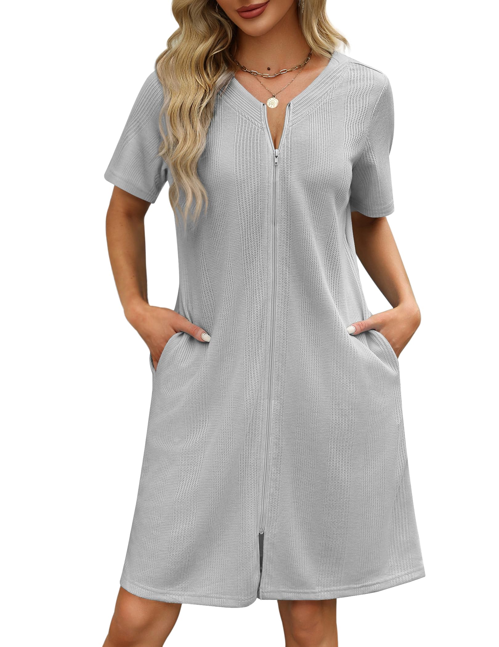 Photo 1 of Ekouaer Women Zipper Robes Waffle Short Bathrobe Lightweight House Coat with Pockets Soft Nightgown(Grey, XX-Large)