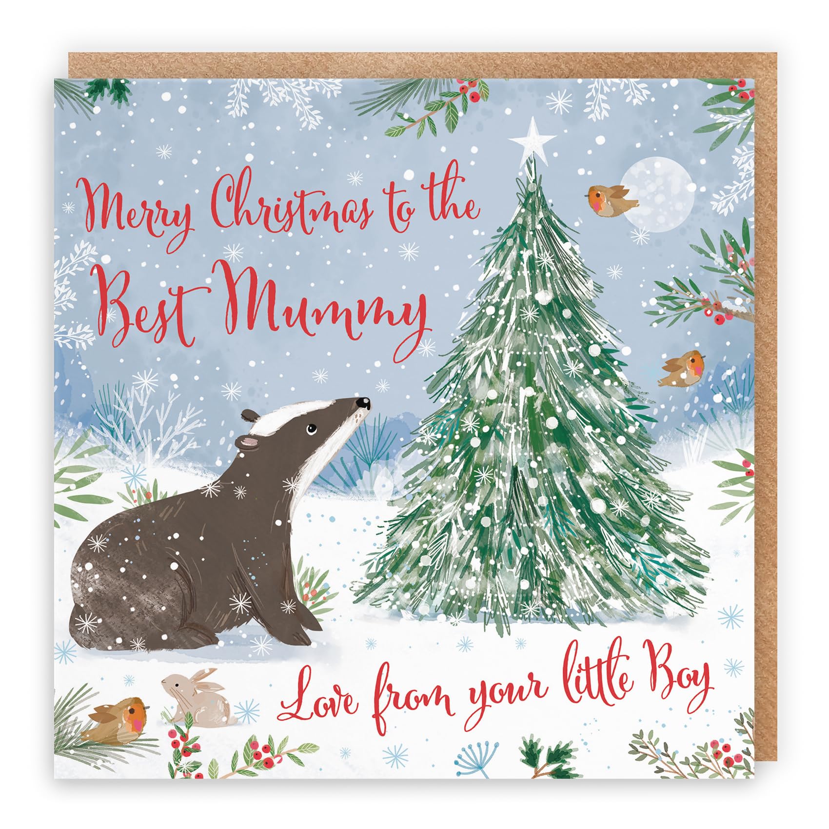 Hunts England - Cute Badger Mummy From Little Boy Christmas Card - Nature's Treasures - Happy Animal Wildlife Fun Merry Xmas Card - Robin, Rabbit
