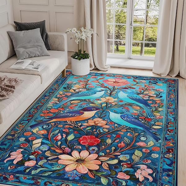 5X7 BIRD AREA RUGS BOHO BIRD FLORAL FLOWER BOTANICAL BLUE RUG FOR LIVING ROOM INDOOR SOFT NON-SLIP THIN CARPET MODERN ABSTRACT RUGS FOR DINING ROOM OFFICE BEDROOM UNDER TABLE WASHABLE MACHINE
