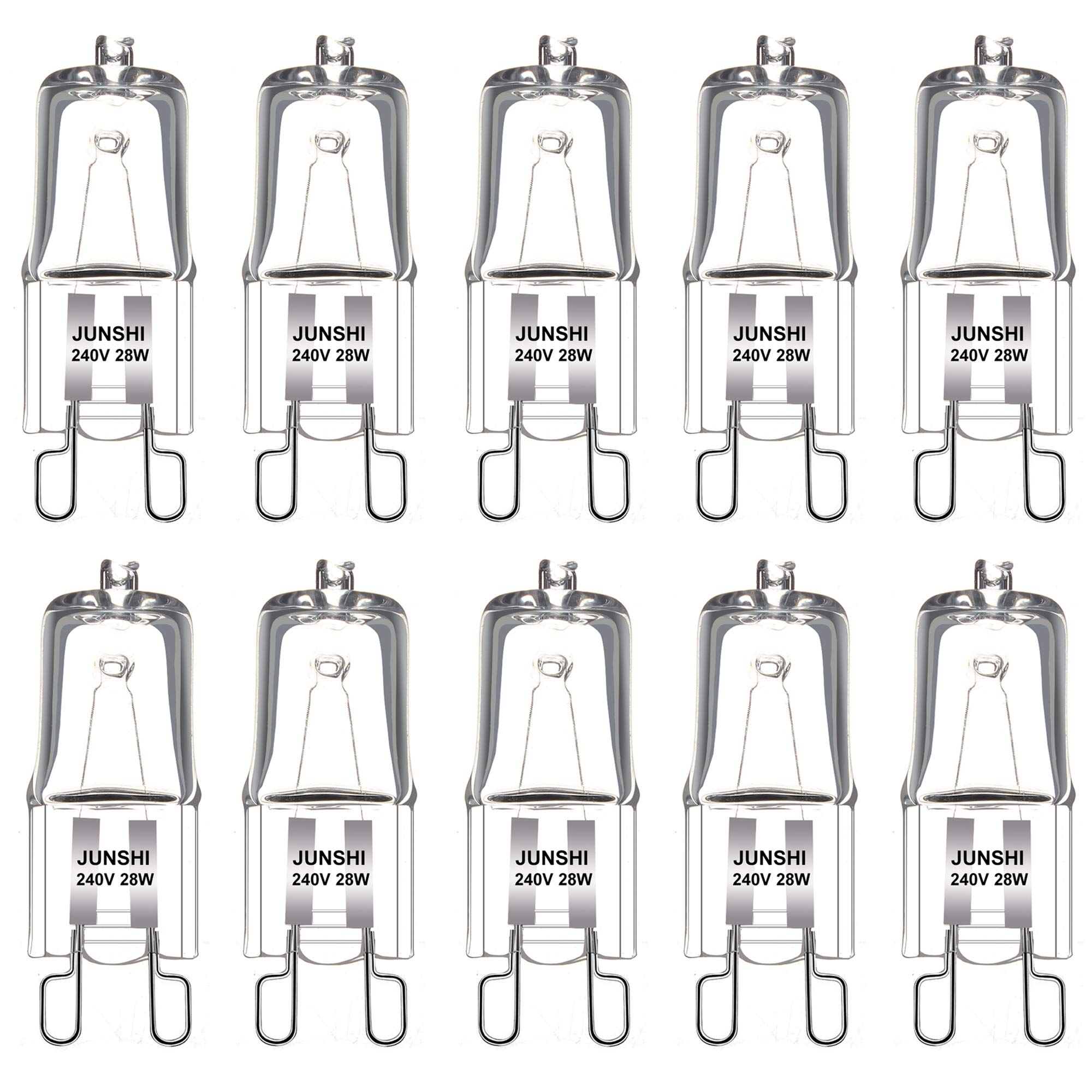 JUNSHI G9 ECO 28W=40W 240V,2800K Warm White,Dimmable 370 Lumens Safety Fused Halogen Clear Bulbs Lamps Capsules,10 Pack