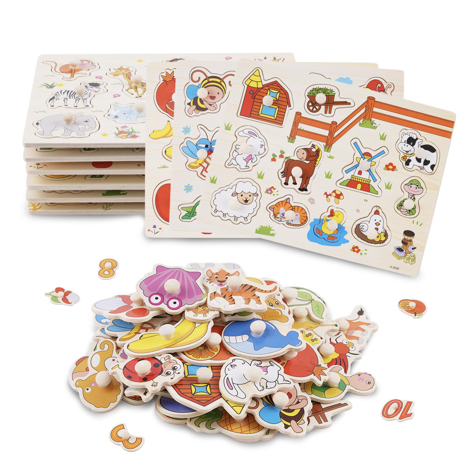 Wooden Peg Puzzles for Toddlers, 6 Pack Wooden Jigsaw Set for Kids Preschool Educational Learning Gift Toys for Boys & Girls