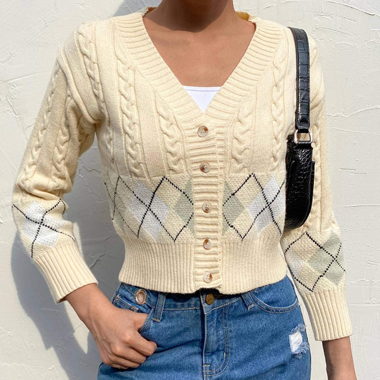 Argyle Plaid Autumn Knitted Y2K Cardigans Female Vintage V-Neck Preppy Style Sweaters Korean 