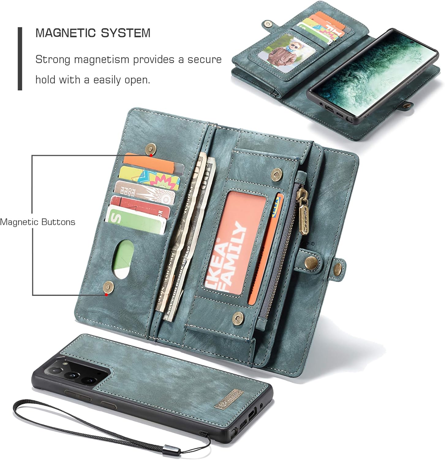 UFinetech 2-in-1 Stylish Samsung Galaxy Note 20 Case Wallet Magnetic Detachable Luxury Leather TPU Card Holder Flip with Lanyard Zipper Carrying Purse Cover for Samsung Galaxy Note 20 5G 2020 Blue - Image 4