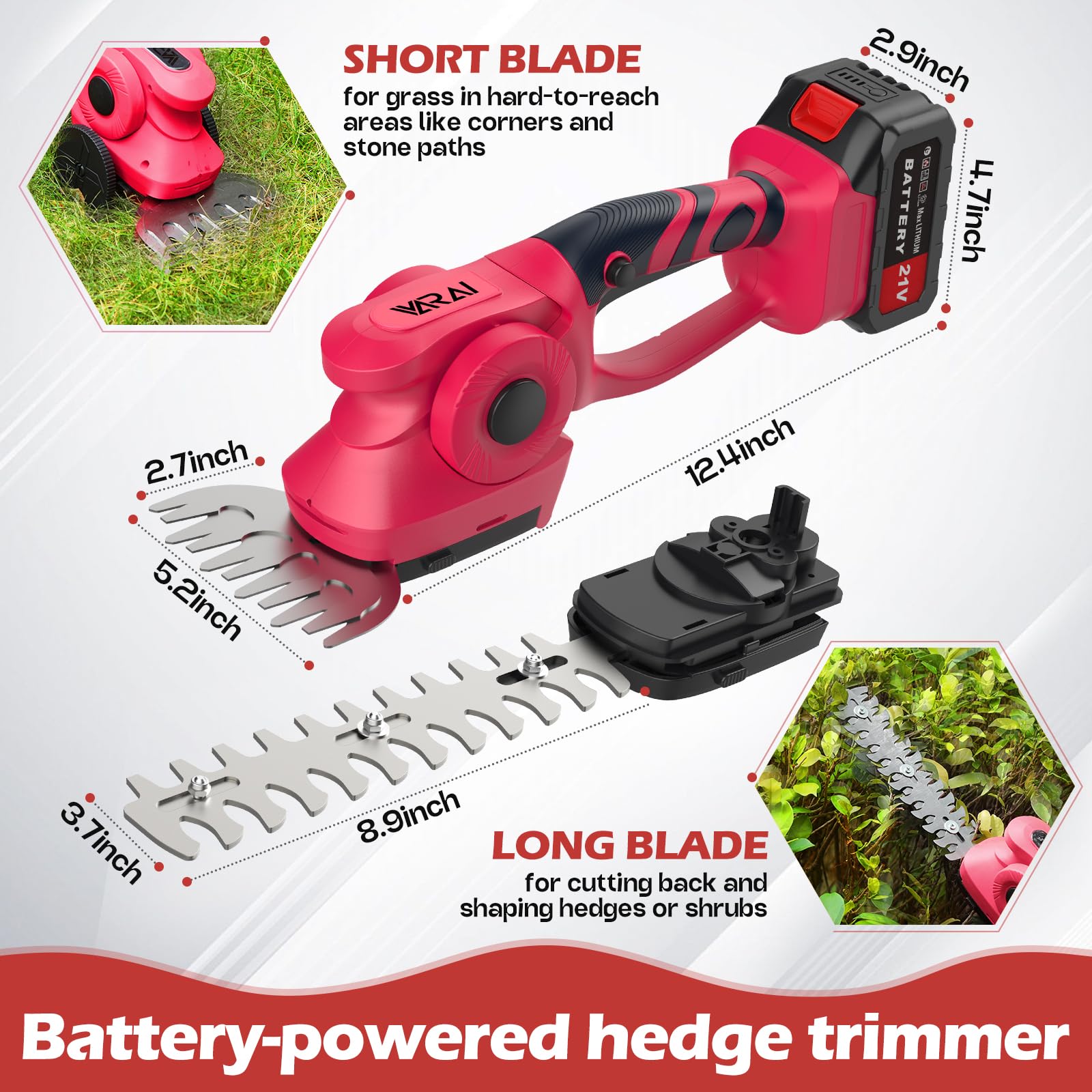 VARAI Hedge Trimmer Cordless, 2 in 1 Cordless Hedge Trimmer with 1300mAh Battery*2, High Power and Large Capacity Hedge Shears for Gardens, Patios and Lawns Charger Included