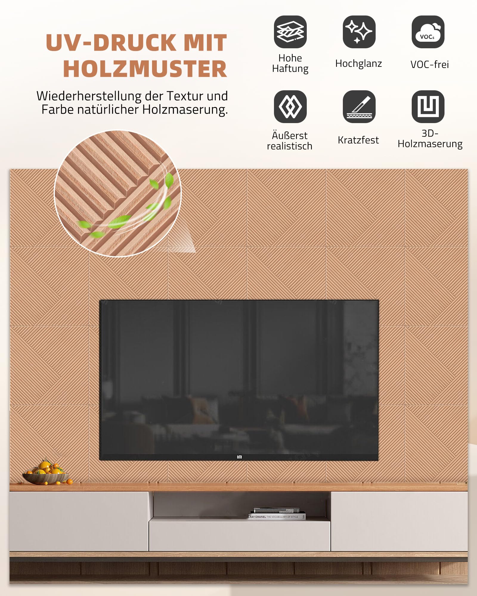 JAMELO Große Akustikpaneele, 6er-Pack 60cm x 60cm Schallschutzplatten mit Holzmusterdruck, selbstklebende dekorative Schallabsorber Schallschutz 3D Wandpaneele auf Filz für Studio und Zuhause 4