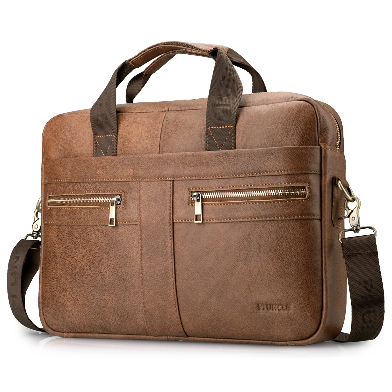 BAGZY Briefcases for Men 15.6 inches Leather Business Bag Men Laptop Bag Genuine Leather Laptop Briefcase Mens Shoulder Bag Messenger Crossbody Business Computer Case for Office Work Satchel Brown