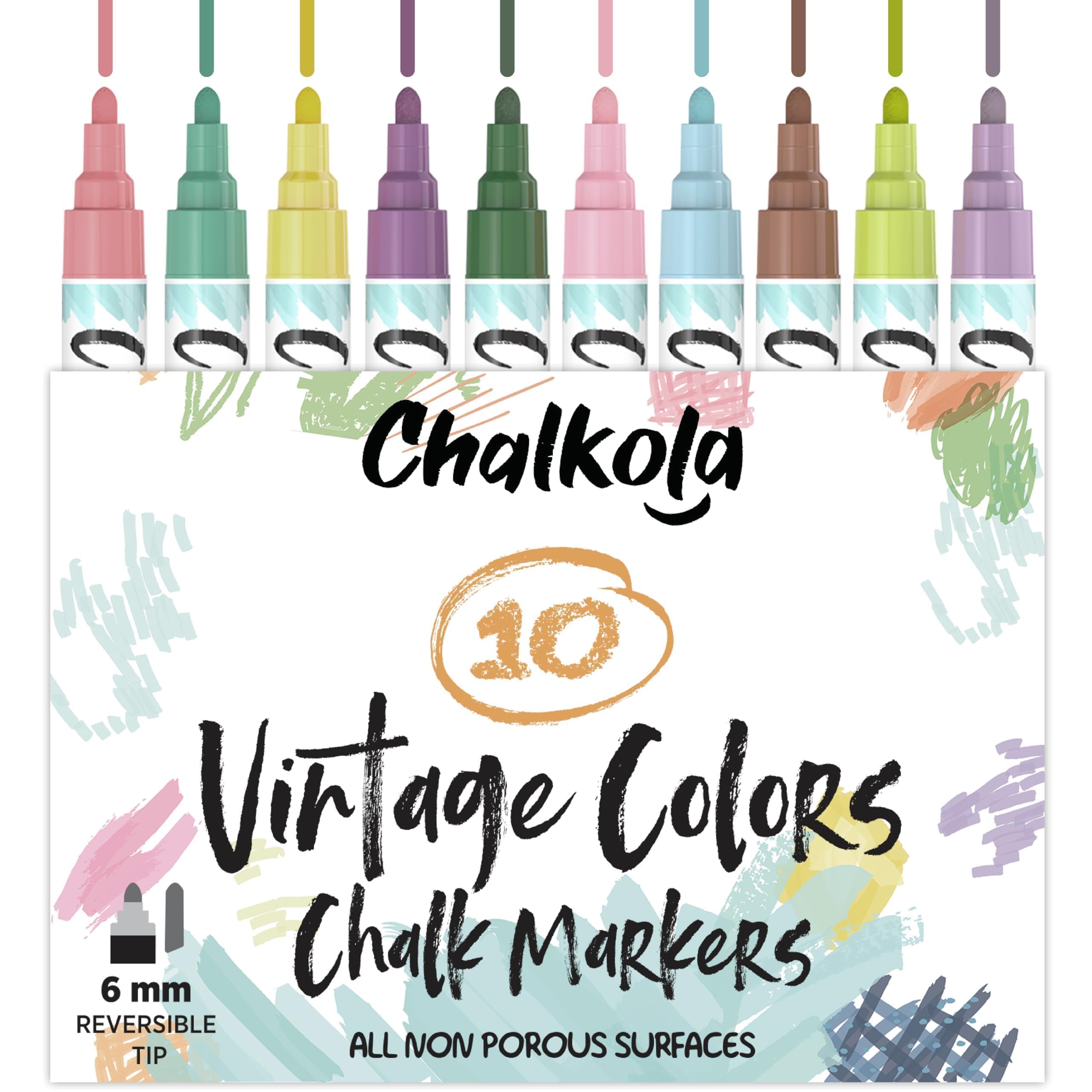 Chalkola Liquid Chalk Pens for Blackboard, Chalkboard, Whiteboard, Window, Labels, Glass, Board - (10 Vintage Colours) Wipeable Paint Chalk Markers, Washable Ink, 6mm Reversible Bullet & Chisel Tip