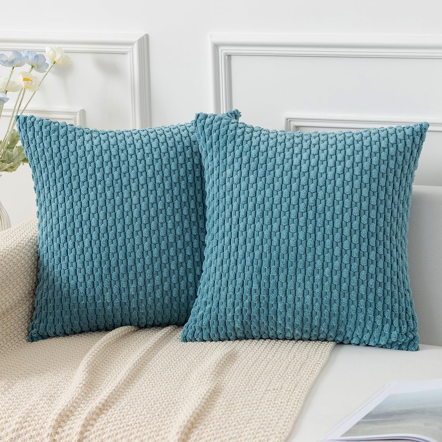 Photo 1 of Kevin Textile Throw Pillow Covers Soft Corduroy Decorative Set of 2 Boho Striped Pillow Covers Pillowcases Farmhouse Home Decor for Couch Bed Sofa Living Room 18x18 Inch Light Blue