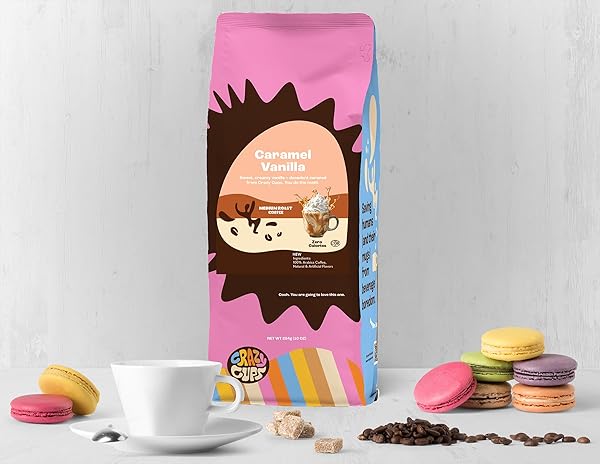 CRAZY CUPS FLAVORED GROUND COFFEE, CARAMEL VANILLA, IN 10 OZ BAG, FOR BREWING FLAVORED HOT OR ICED COFFEE